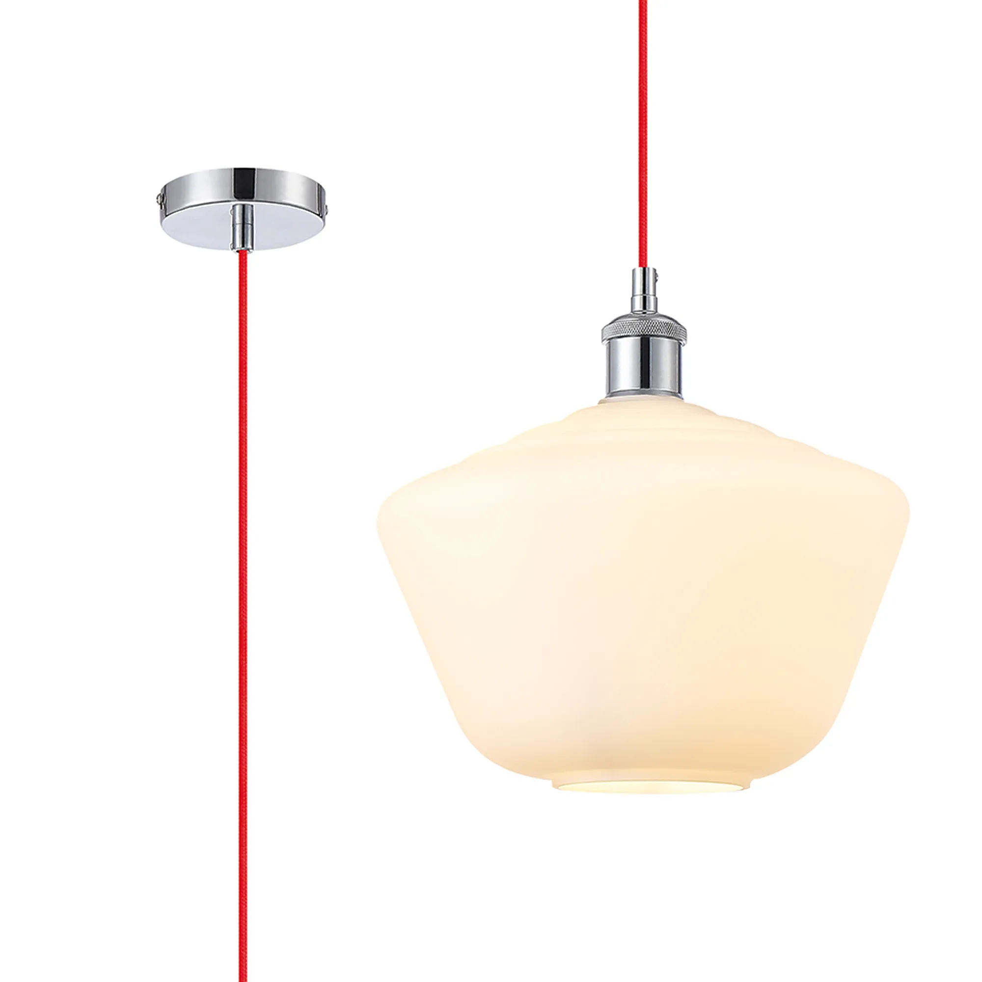 DK1135  Cawdor Single Pendant, 1 Light E27, Polished Chrome/Red/Opal Hexagonal Glass